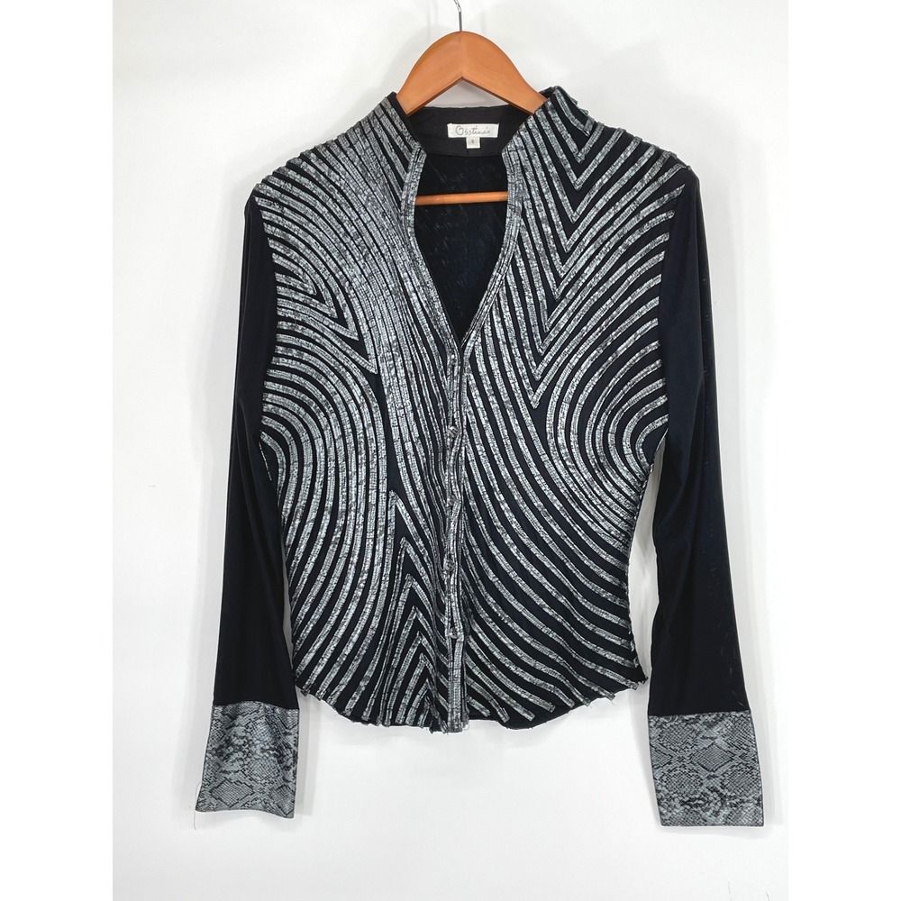 Obstinee Womens Top 8 Button Up Black Silver Metallic Snakeskin Cuffs Goth Glam